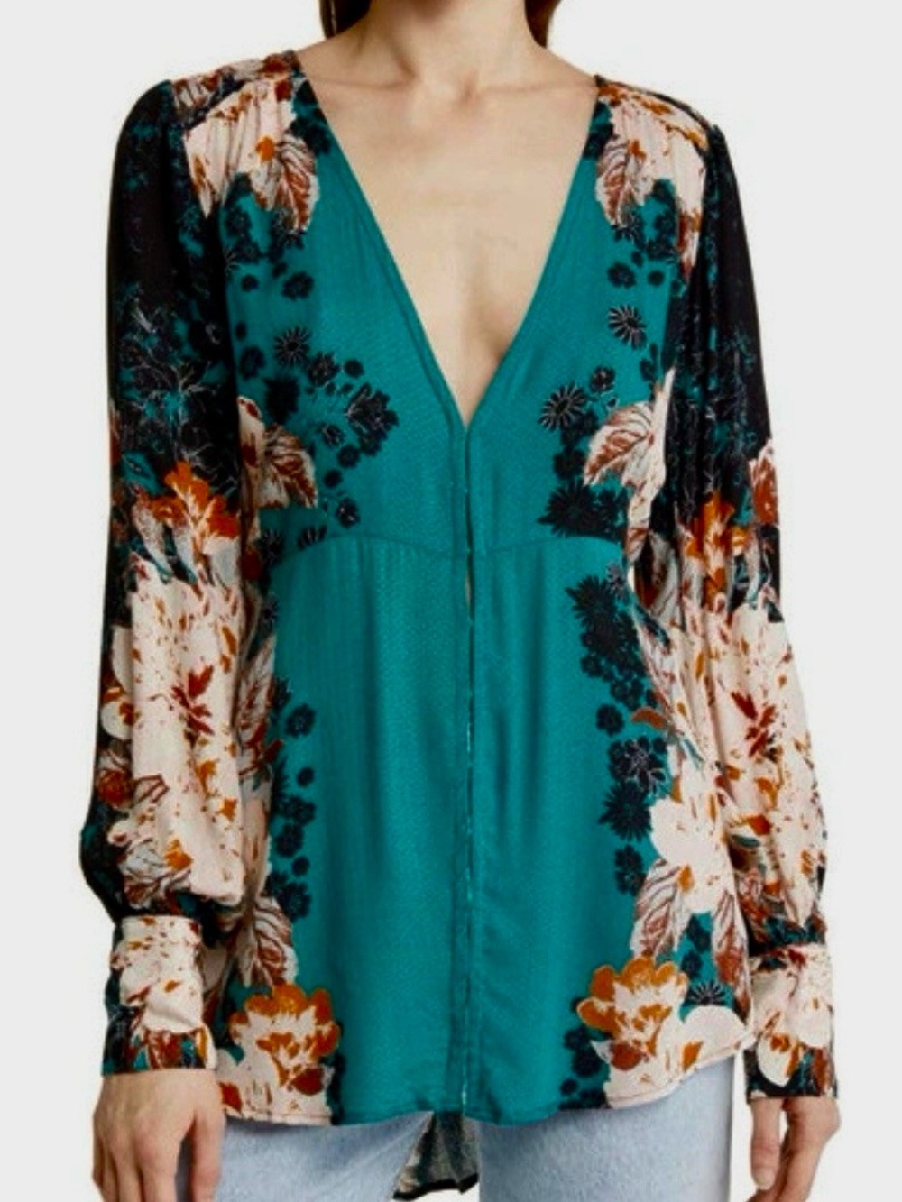 Free People Mikayla Tunic Green Balsam Floral Boho V-Neck S